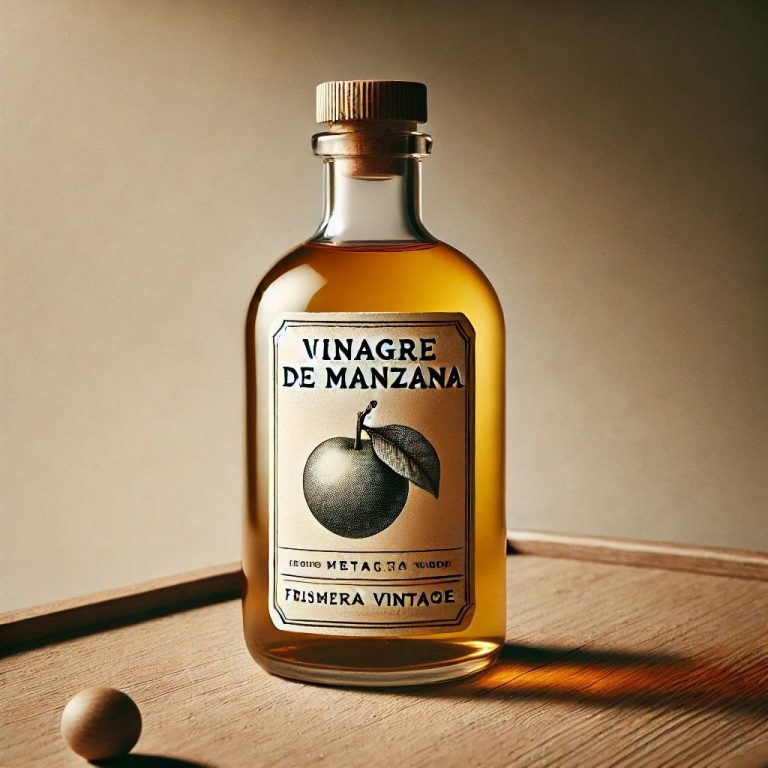 El vinagre de manzana, conocido por sus múltiples beneficios, como mejorar la digestión, equilibrar el pH y ayudar en la pérdida de peso, se presenta en un entorno natural y auténtico.