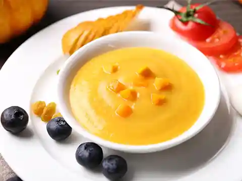 Plato con crema zanahoria cocida, puré de calabaza y pechuga de pollo, ejemplos de alimentos permitidos en una dieta blanda para cuidar la salud digestiva.