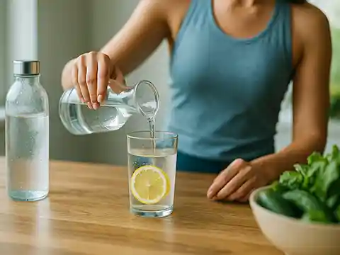 Mujer sirviendo agua de una jarra en un vaso con rodaja de limón sobre mesa de madera.