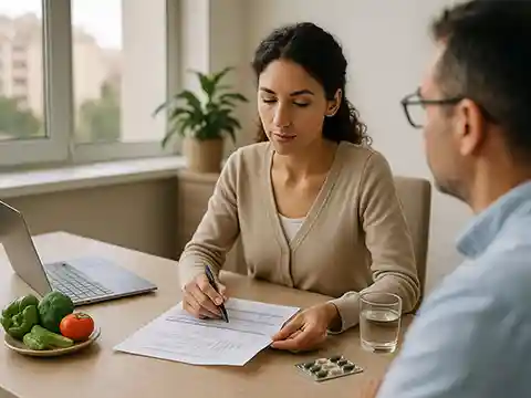 Dietista revisando analíticas y suplementos en consulta para diseñar un plan de nutrición ortomolecular personalizado.